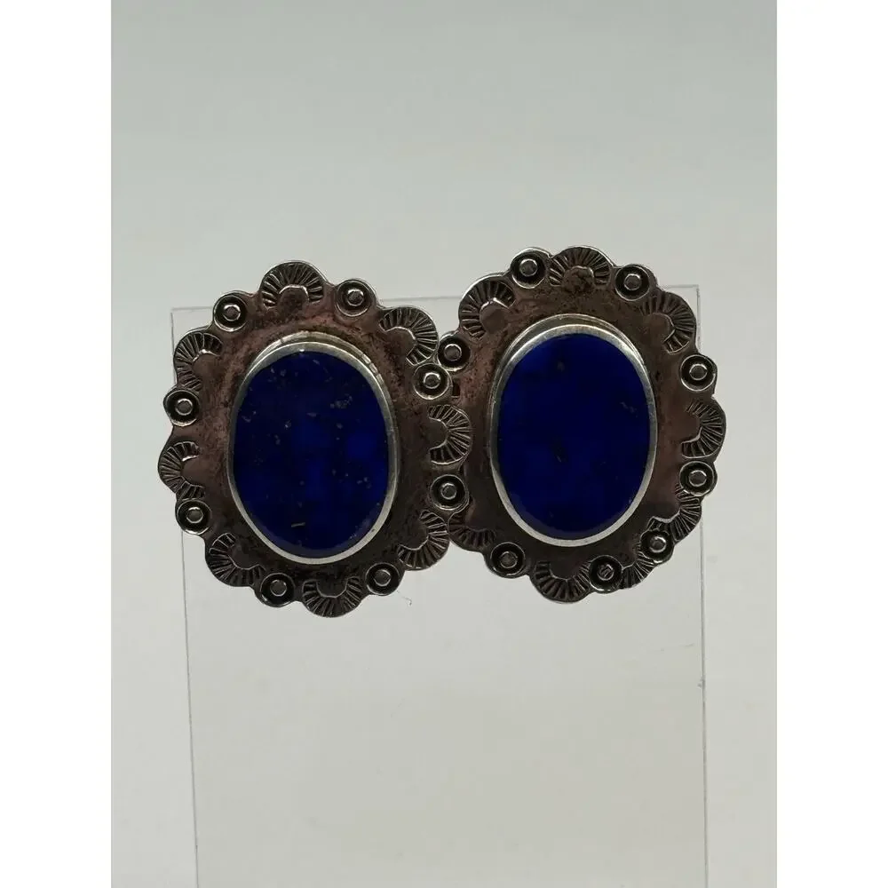 SAUL TM-142 Sterling Silver Pierced Earrings Mexico Vintage Lapis (posts not ss)